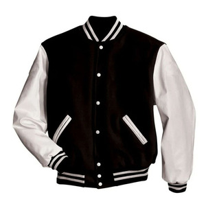 Wholesale Men's Streetwear Snap Button Baseball Jacket Vintage All Black College Coat <b>Red</b> Stripe Waterproof Windproof 100% <b>Wool</b> - Product Image 4