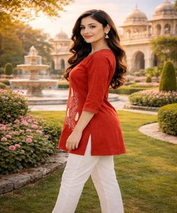 เสื้อผ้าฝ้ายปักมือลายบัตตา ริชลุค ดีฮาบู สำหรับใส่ทุกวัน ราคาขายส่ง เสื้อผ้าชาติพันธุ์ สีส้ม - Product Image 4