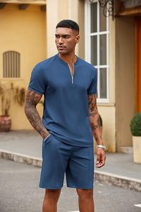 Conjunto de pantalones cortos y camiseta de manga corta de punto de secado rápido de color sólido informal de verano para hombre, color azul - Product Image 3