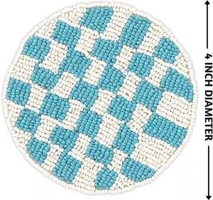 Sous-verre rond à motif étoile, fait main, en perles de verre, bleu turquoise et blanc, ornement de table géométrique - Product Image 2