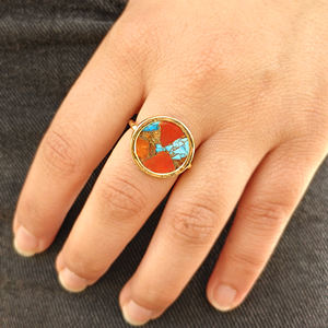 Anillo ajustable de cobre Mohave con turquesa, latón macizo chapado en oro de 18k, forma redonda, anillos con piedras preciosas, regalo unisex, venta al por mayor. - Product Image 4