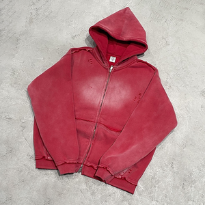 Sweat-shirt unisexe à capuche zippé, coupe oversize, rouge uni, décontracté, pour l'hiver, 100% coton molletonné tricoté, coupe ample, avec lettres - Product Image 1