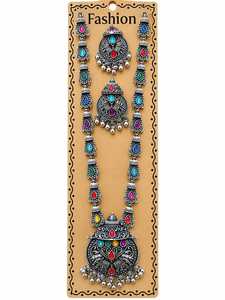 Parure de bijoux de mariage vintage colorée pour femme, collier superposé et boucles d'oreilles, plaqué argent antique, collier long de haute qualité - Product Image 1