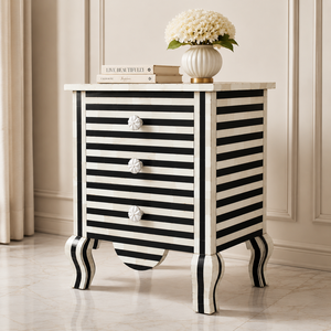 <b>Black</b> White Bone Inlay Handmade Durable Multifunction Nightstand Floral Design Scalloped Legs Storage for Home Office Hotel - Product Image 2