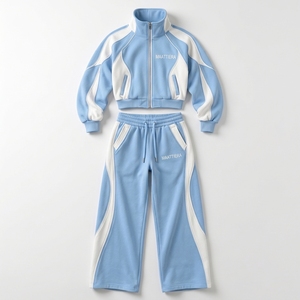 <b>Womens</b> Sky Blue <b>White</b> Tracksuit Set Cropped Zip Up Jacket Wide Leg Sweatpants Color Block Two Piece Streetwear Outfit - Product Image 5