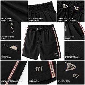 Pantalones Cortos Deportivos Y2K de Nylon Negro Mate para Hombre, Retro con Cinta Lateral Roja y Ojales Plateados, Estilo Urbano Atlético, Venta al por Mayor con MOQ Bajo - Product Image 5