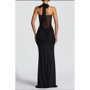 Robe longue sirène élégante noire à empiècements en résille, une robe de soirée glamour moulante avec une ceinture transparente en résille. - Product Image 2