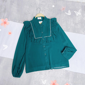 Chemisier élégant pour femme à manches longues, col pointu, boutonnage frontal, avec garniture de perles et volants superposés, idéal pour le bureau, vente en gros directe usine - Product Image 6