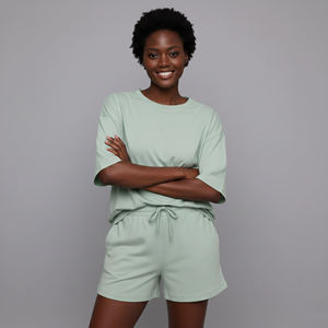 High Quality Vintage Embroidered Oversized Drop Shoulder Women's 2 Piece <b>Set</b> 100% Cotton Solid Knee Streetwear Short <b>sets</b> - Product Image 3