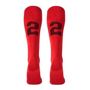Chaussettes de sport pour adultes en polyester/nylon tricoté, fines, respirantes, à compression, avec blocs de couleur, logo personnalisé et numéro du joueur sur le bord. - Product Image 1