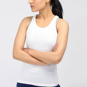 Camiseta sin mangas de algodón blanca para mujer, cuello redondo, informal, color liso, transpirable, de punto, longitud regular - Product Image 1