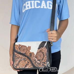 Sacs messager pour femmes en cuir de vachette artisanal, élégants, à motif floral et fermeture éclair, sacs à bandoulière - Product Image 1