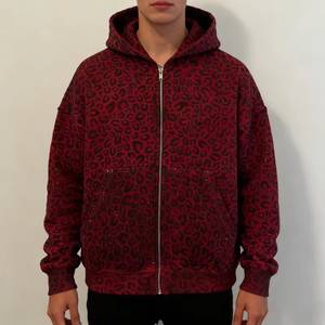 Sudadera con capucha de forro polar con cremallera y estampado de leopardo morado para hombre, estilo oversize, con logo de llama frontal, para otoño - Product Image 1