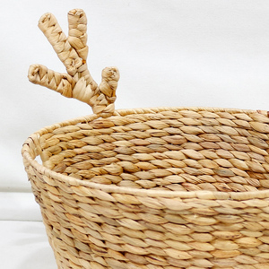 Cute Animal Shaped Natural Water Hyacinth <b>Storage</b> <b>Basket</b> With Antler Handles For Children's <b>Toy</b> Organization - Product Image 2