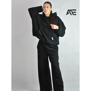 Conjunto deportivo de estilo urbano para mujer, sudadera con capucha asimétrica, pantalones deportivos de pierna ancha, corte holgado, estilo informal, conjunto a juego. - Product Image 1