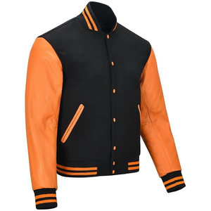 <b>Men's</b> Black Orange Varsity <b>Jacket</b> PU Leather Sleeve Casual <b>Baseball</b> Coat Turn-down Collar Button Closure Autumn Wear - Product Image 2