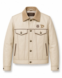 Veste en cuir pour homme Cream Desert, col rabattu, patch brodé Route 66, style décontracté pour l'automne - Product Image 1