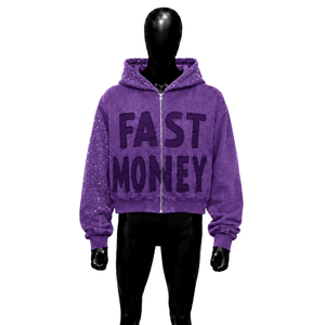 Sudadera con capucha morada Fast Money para hombre, oversize, con cremallera frontal, estampado puff, estilo streetwear, de forro polar, para otoño, corte regular, oversize de forro polar - Product Image 1