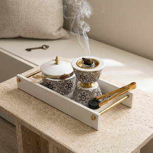 Luxury <b>Marble</b> Bakhoor Burner Set Floral Patterned Incense Holder & <b>Jar</b> On White Wooden Tray Premium Middle East Home Decoration - Product Image 6