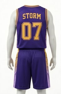 Conjunto de Camiseta de Baloncesto Storm, Morado y Dorado, Sublimado, Cuello en V, Sin Mangas, Pantalones Cortos con Cordón, Unisex, Corte Atlético para Adultos - Product Image 3