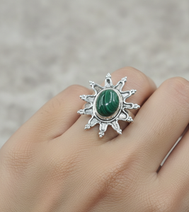 Natural Malachite Gemstone 925 Sterling Silver Sunburst <b>Ring</b> Handmade Vintage Boho <b>Statement</b> Jewelry Gift Women New year gift - Product Image 3