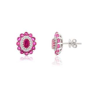 14K Solid White Gold Art Deco Ruby Diamond Flower Cluster Stud <b>Earrings</b> - Product Image 6