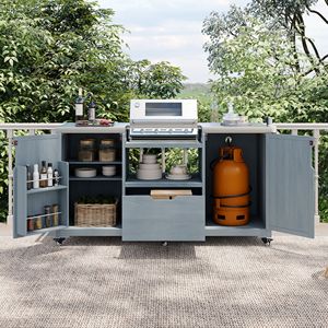 Isola da Cucina per Esterni in Legno Massello da 169 cm per Griglie Big Green Egg, Carrello Grill con Piano in Acciaio Inossidabile - Product Image 2