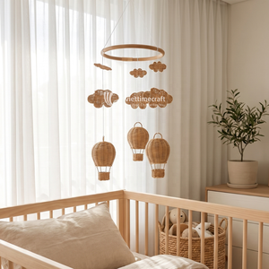 Mobile bébé bohème en rotin, décor suspendu nuage et montgolfière en fibres naturelles tressées, écologique, pour chambre d'enfant, nourrissons et tout-petits - Product Image 5