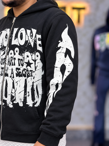 Men's <b>Black</b> <b>Zip</b>-<b>Up</b> <b>Hoodie</b> With Printed Front Graphic Sleeve Flame Print Full Front Zipper Spacious Pockets Streetwear Style - Product Image 3