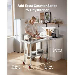 24 X 35.4 Inches Stainless Steel <b>Table</b> <b>Wheels</b> Commercial Kitchen Prep Workstation Adjustable Undershelf <b>for</b> Food Prep Outdoor - Product Image 2