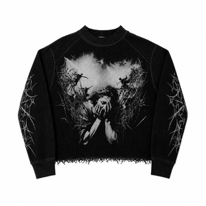 Custom Unisex <b>Gothic</b> Graphic Knit Oversized Distressed Hem Crewneck Private Label Streetwear Manufacturer - Product Image 1