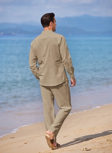 Ensemble chemise et pantalon pour homme en lin respirant, manches longues, style gothique uni, tenue de plage d'été, deux pièces, vente en gros - Product Image 4