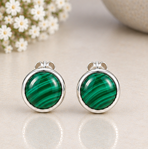 Malachite <b>Silver</b> <b>Stud</b> Earrings, Natural Malachite Gemstone Earrings, 925 <b>Sterling</b> <b>Silver</b> Round <b>Studs</b>, Green Stone Earrings - Product Image 2