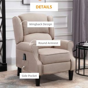 Dark Beige Wingback Single Sofa Recliner Chair with Vibration Massage Heat Push Back Features - Product Image 6
