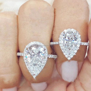 Media eternidad diamante simulado 14K oro blanco anillo de compromiso corte de pera Halo CZ anillo de Boda nupcial Moissanite Prong Set anillo - Product Image 1