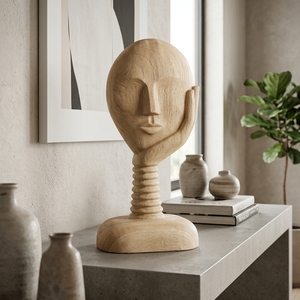 Mask Galau Stand Handcrafted <b>Wooden</b> Face Sculpture <b>Rustic</b> Abstract Tabletop Decorative Artwork Stand Home Decor Display Accent - Product Image 4