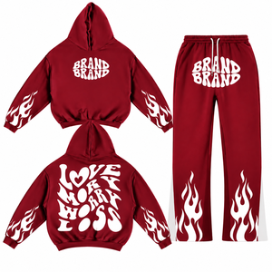 Ensemble survêtement homme personnalisé : sweat à capuche imprimé motif flamme et pantalon de jogging oversize style streetwear - Product Image 3