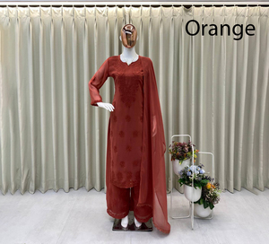 Orange Embroidered Fuax Georgette Salwar Kameez Set Loose Fit Midi Length Traditional Indian Pakistani Women Ethnic Wear Party - Product Image 1