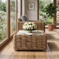 Table basse Surabaya en bois d'acajou avec cadre en rotin semi-tressé et plateau en verre standard – Mobilier d'extérieur haut de gamme pour salon et patio, style tropical