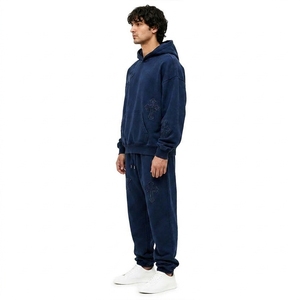 Men 2 Piece Hip Hop Tracksuit Set Oversized Hoodie Jogger Star Cross Patch Fleece Custom OEM Wholesale Manufacturer - Product Image 4
