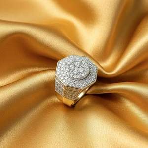 Bague hexagonale pour homme en argent 925 plaqué jaune, sertie de moissanite et de diamants ronds, style hip-hop, bijou de fête, cadeau - Product Image 4