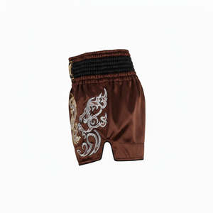 Men's Muay Thai Shorts Brown Embroidered Tiger Design MMA Kickboxing Fight Wear Regular Fit Stretch Polyester - Product Image 2
