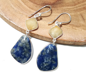 Yellow Sapphire Blue Jade Bohemian Style Solid 925 Sterling <b>Silver</b> Handmade Natural Gemstone <b>Dangle</b> Drop <b>Earrings</b> Certified - Product Image 2