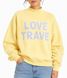 Sweat-shirt oversize à col montant pour femme Love Travel, 100 % coton, broderie appliquée lettres grecques, pull décontracté éco-responsable - Product Image 4