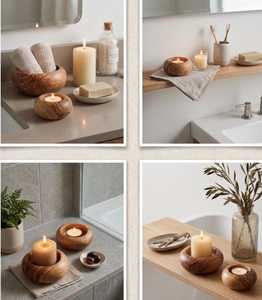 Porte-bougie rond en teck naturel fait à la main, design minimaliste, décoration de Noël, de Pâques, décoration de la maison, décoration de table - Product Image 4