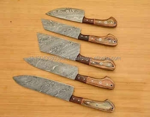 Ensemble de couteaux de chef professionnels en acier Damas écologique, 5 pièces, manche en bois de rose, logo personnalisé, MOQ 10 pièces, acier – Vente chaude - Product Image 2