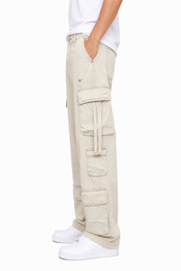 Pantalon cargo ample beige pour homme, coupe décontractée, jambe large, multi-poches, style streetwear, en denim et mélange de coton - Product Image 2