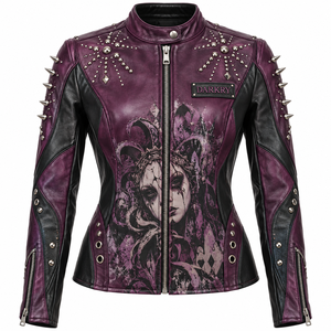 Purple Black Genuine Leather Jacket Jester Graphic Print Spike <b>Stud</b> Collar Snap Stand Biker Coat Custom Manufacturer Service - Product Image 1