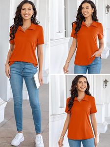 Polo à manches courtes pour femme, couleur unie orange, décontracté, respirant, en tricot - Product Image 4