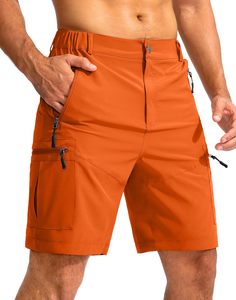 Men's Orange Cargo Shorts Elastic Waist Quick Dry Bermuda Shorts With Zip Pockets Casual Style Solid Color Woven Fabric Shorts - Product Image 1